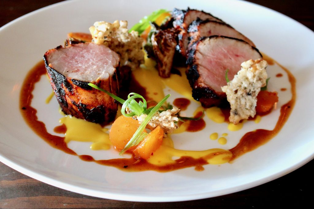 Grilled Korean Pork Loin – kimchi apple/squash puree/brussels sprout