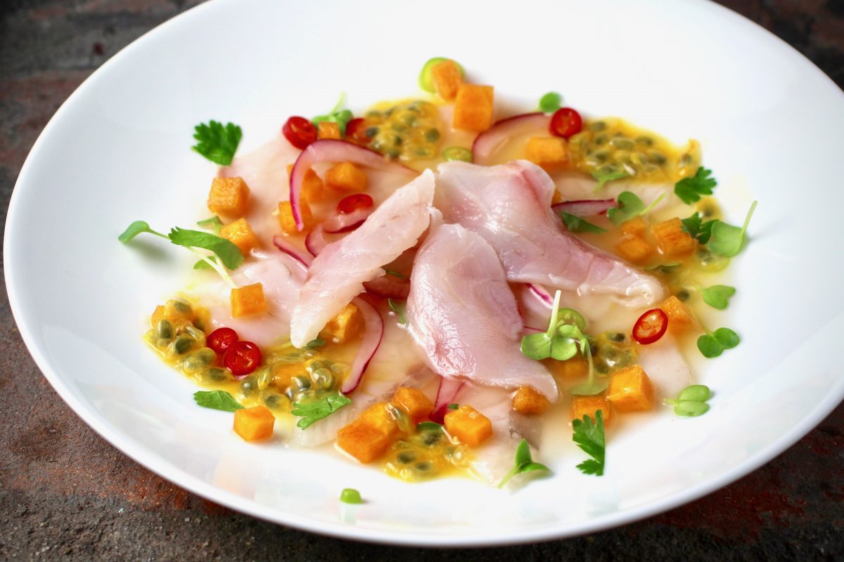 Striped Bass Ceviche, Passion Fruit, Persimmon Taste With The Eyes