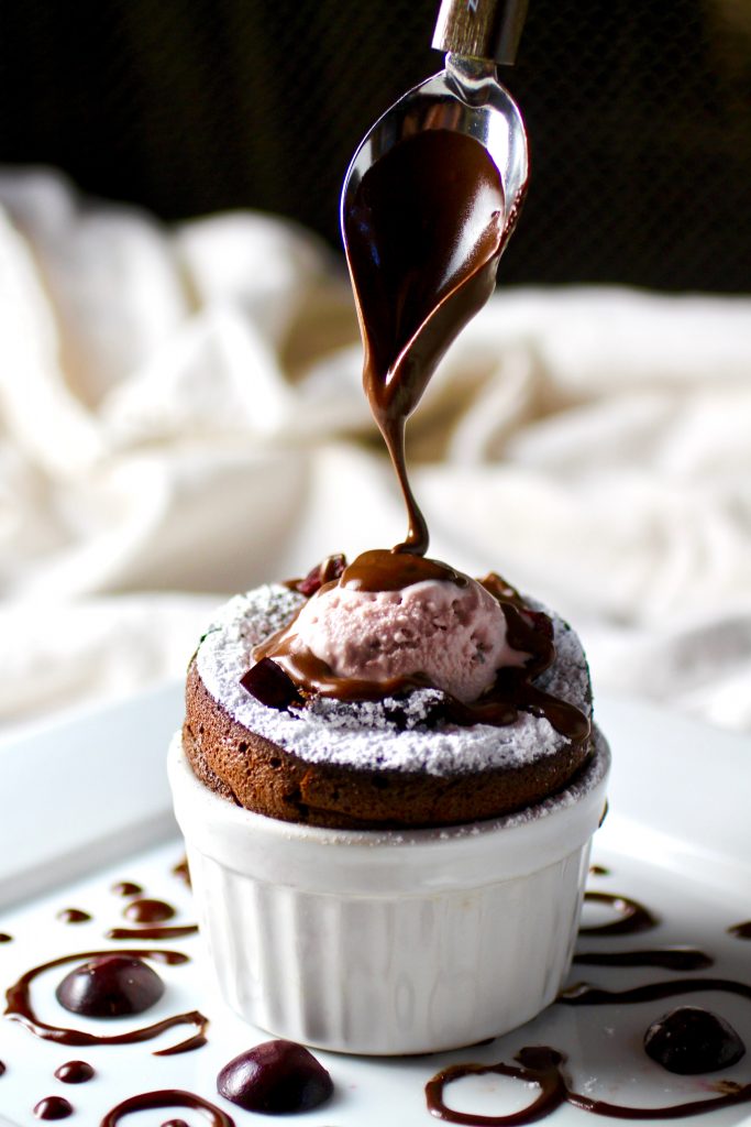 Chocolate Soufflé with Cherry Vanilla Ice Cream