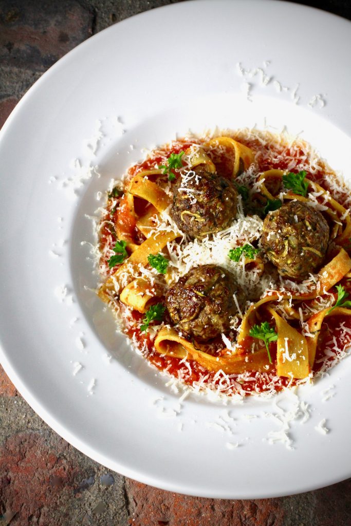 Zucchini Quinoa Meatballs, Green Lentil Pappardelle, Fresh Tomato Sauce