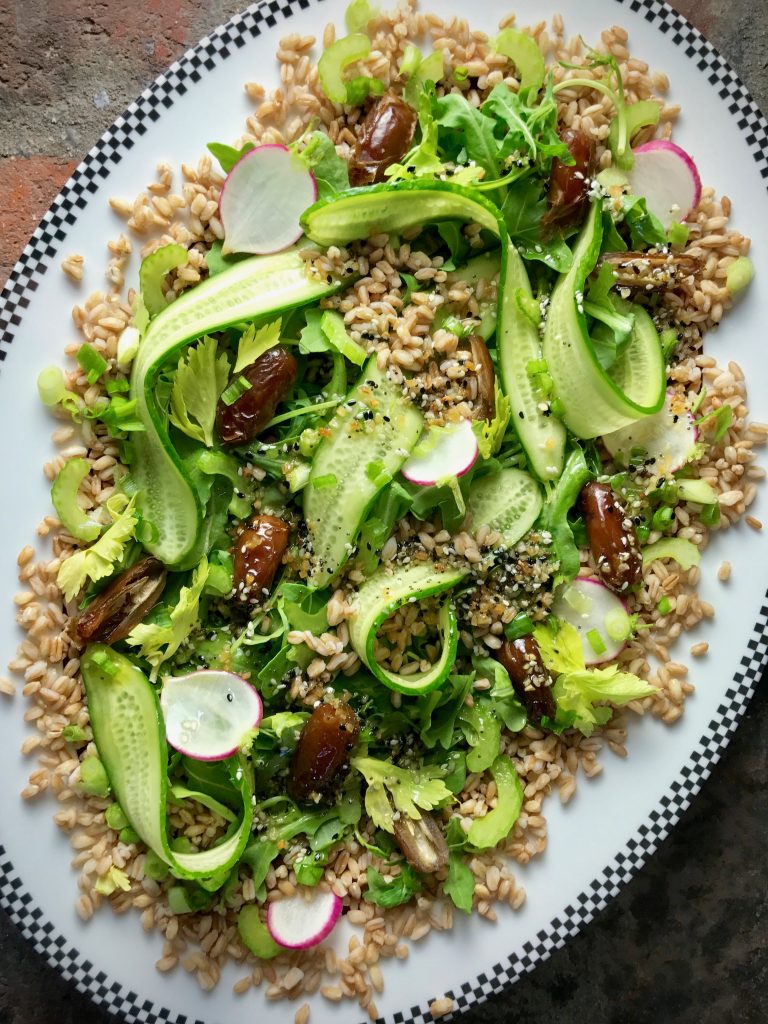 Everything But The Bagel Vinaigrette, Farro Cucumber Date Salad