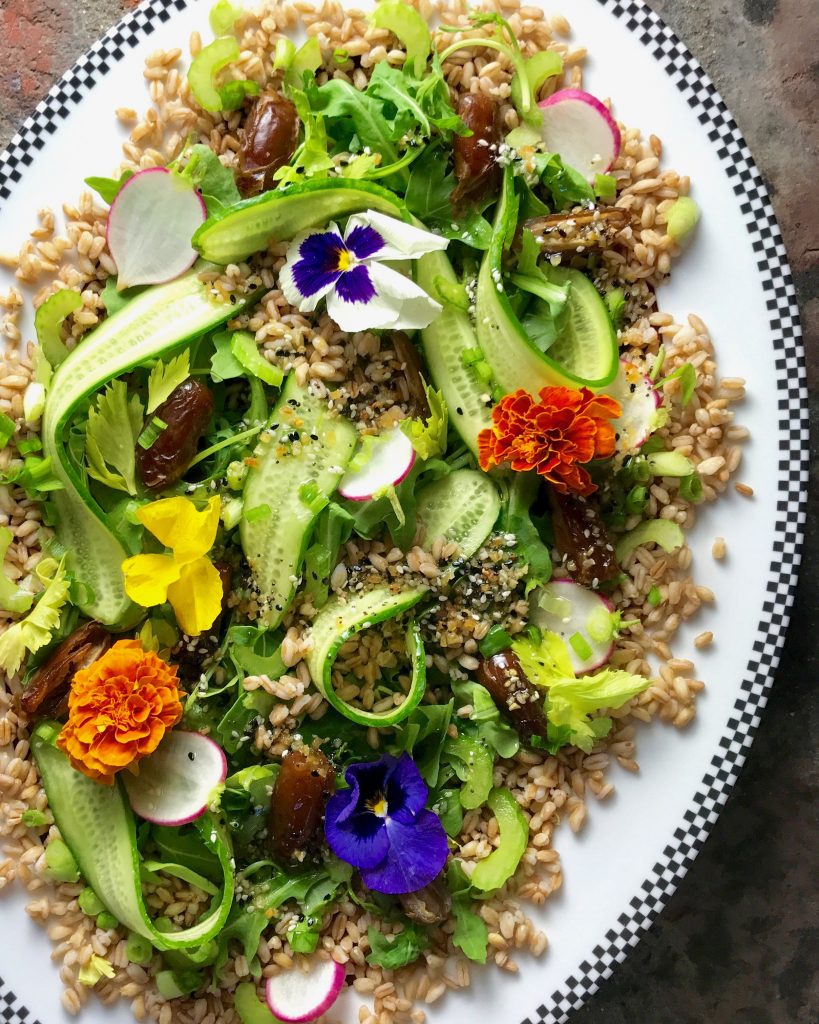 Everything But The Bagel Vinaigrette, Farro Cucumber Date Salad