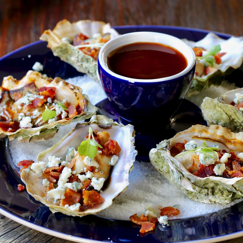 Grilled Oysters with BBQ Sauce and Bacon and Bleu Cheese