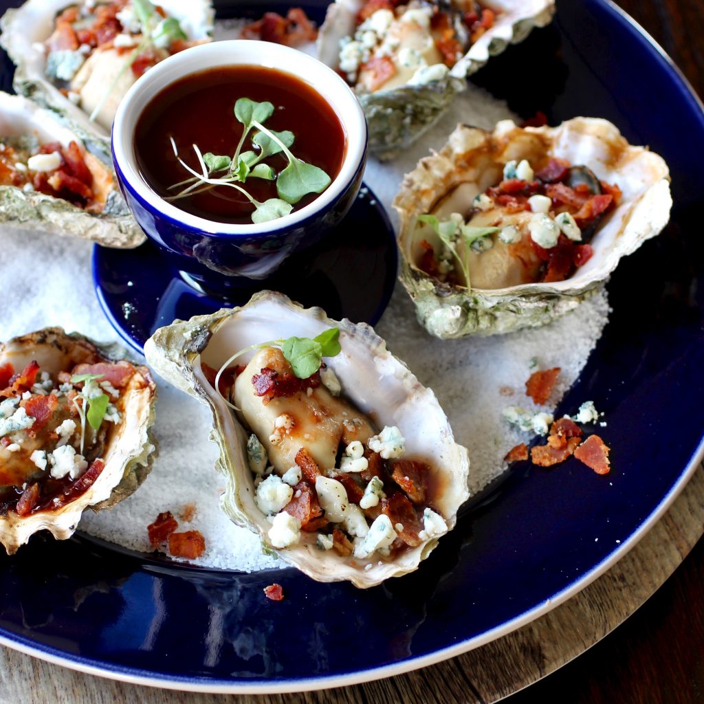 Grilled Oysters with BBQ Sauce and Bacon and Bleu Cheese