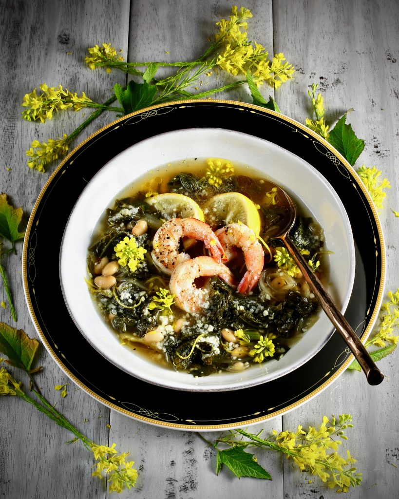 Mustard Greens Soup with Foraged Mustard Flowers