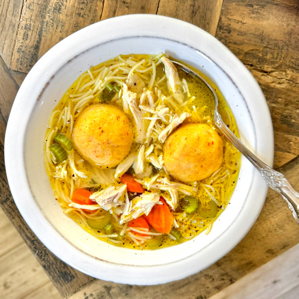 Chicken Noodle Soup with Calabrian Chili Matzoh Balls